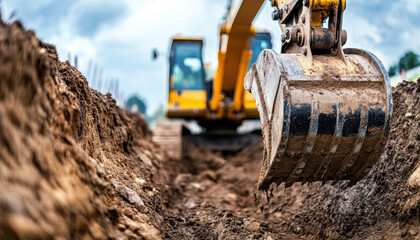 Heavy machinery is actively digging into the earth, with the excavator's bucket in focus. The location appears to be a construction site on an overcast day, showcasing the work being done