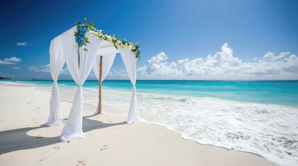 Romantic Beach Wedding Setup Under Bright Blue Sky and Ocean Waves