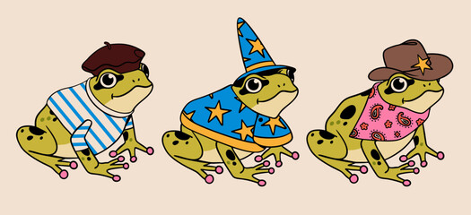 Fototapeta premium Set of green Frogs dressed in various clothes. Toad with beret, wizard cap, cowboy hat, bandana. Cute funny cartoon characters. Hand drawn modern Vector illustration. Isolated design elements