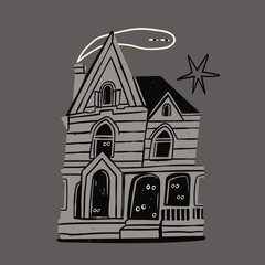 Haunted House. Dark spooky building with staring eyes, scary ghost, star. Hand drawn Vector illustration. Horror, creepy, abandoned mansion, Halloween concept. Isolated element