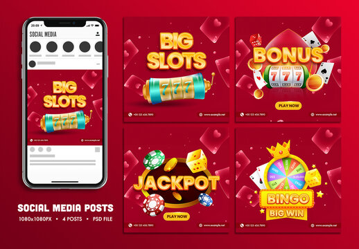Social Media Editable Posts Set with Gambling Elements for Big Slots, Jackpot and Casino Bonus.