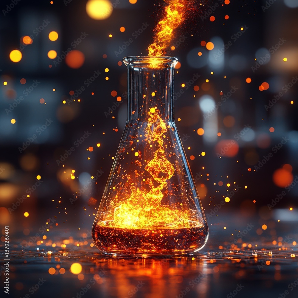 Poster fiery liquid swirling in an erlenmeyer flask, sparks and bokeh background; abstract science concept.