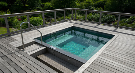 Sunken hot tub on elevated wooden deck, a tranquil oasis in nature backdrop