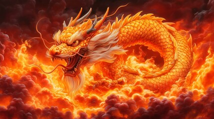 Fiery dragon soars through stormy skies fantasy illustration atmospheric dynamic