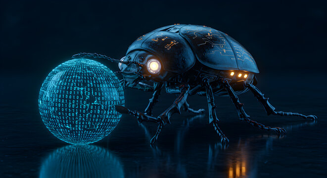 Cybernetic Scarab Rolling a Binary Code Sphere Representing Digital Evolution