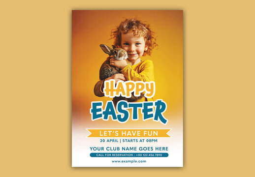 Happy Easter Party Flyer with Blonde Child Holding Bunny Photo.