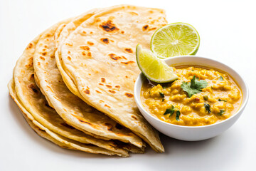 a plate of food with a bowl of sauce and tortillas