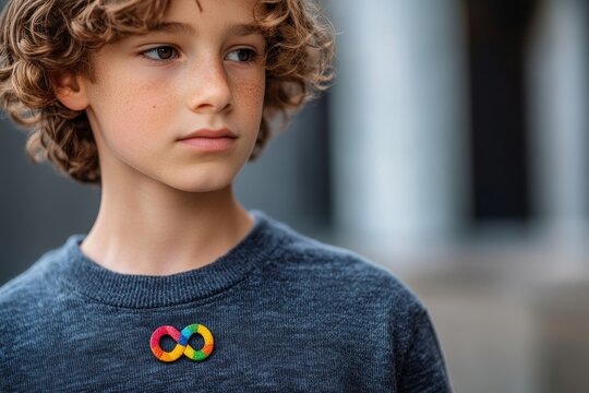 Teenage boy with autism infinity rainbow symbol sign metallic pin brooch on t-shirt. World autism awareness day, autism rights movement, neurodiversity, autistic acceptance - Powered by Adobe