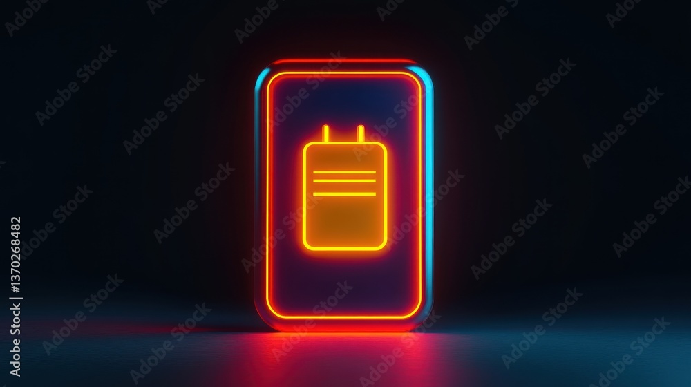 Poster neon glowing smartphone displaying battery charging icon on dark background.