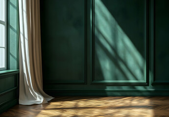 Dark green wall with a parquet floor, curtains on the left side, photorealistic interior design photography, natural lighting