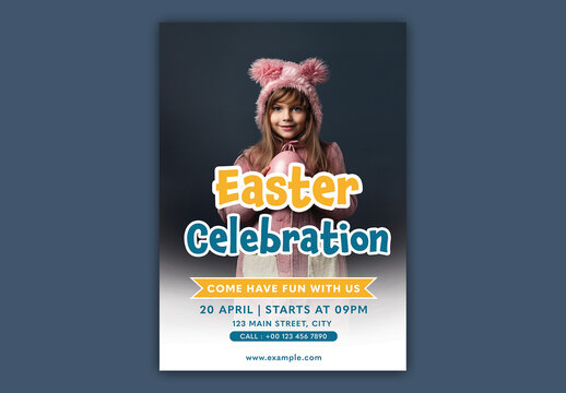 Easter Celebration Invitation Card with Blonde Girl Holding Pink Egg, Editable Design.