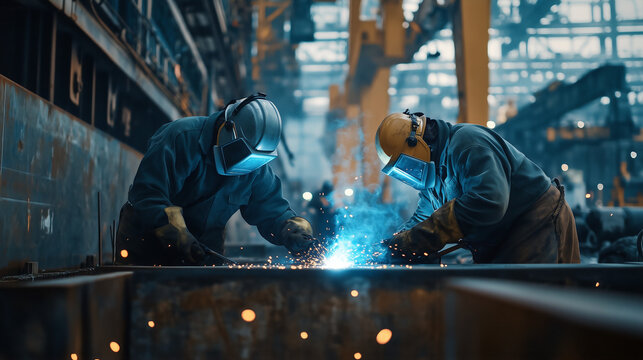 two skilled workers engage in welding, their protective helmets illuminated by the bright blue light of molten metal, highlights the strength and expertise of modern metalworking and heavy industry.