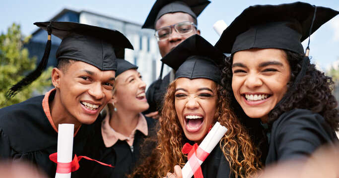 Graduation, success or students in selfie at university for education, social media or memory. College scholarship, photograph or group of people at school campus with certificate, smile or picture