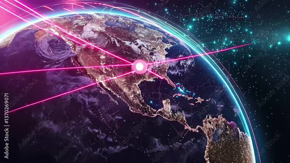 Poster the artwork features a dazzling depiction of the earth with bright neon lines connecting various poi