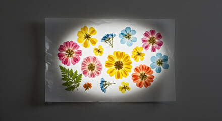 Delicate beauty: a collection of pressed flowers preserved in wax paper artfully arranged