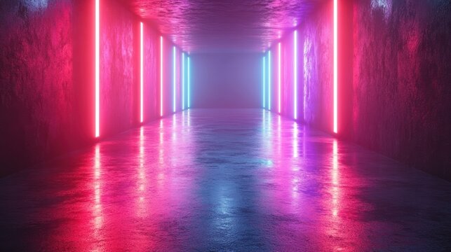 Neon lights illuminate a reflective, textured corridor.