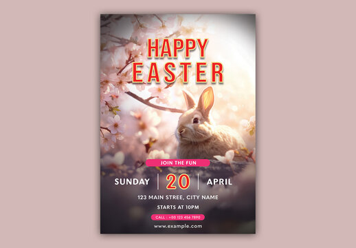Spring-Themed Happy Easter Party Flyer with Adorable Bunny in Flowers Scene, Editable Design.