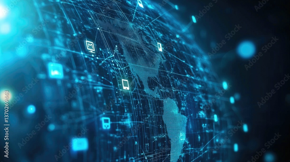 Aufkleber global network connecting communication devices with digital map of americas