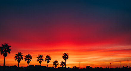 Silhouetted palm trees against a vibrant sunset gradient sky backdrop