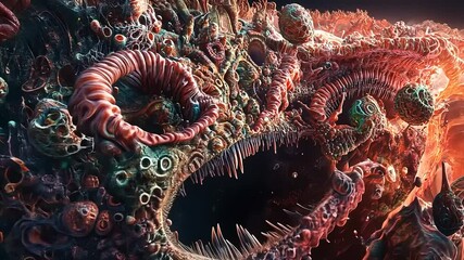 Surreal alien landscape featuring a monstrous creature with intricate textures and vivid colors