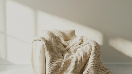 Cozy Beige Blanket Draped on an Armchair in Soft Natural Light