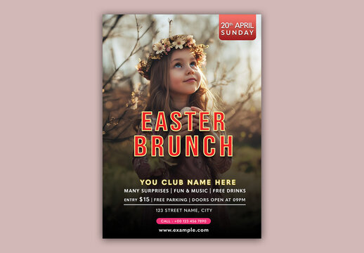 Easter Brunch Invitation, Editable Flyer with Blonde Girl in Flowers Crown at Sunny Day Garden.