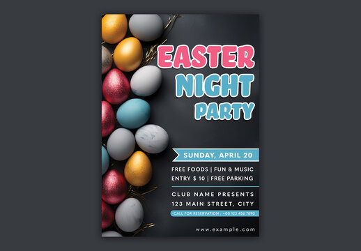 Easter Night Party Flyer with Colorful Eggs, Editable Design.