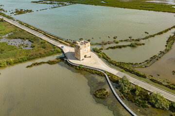 Aerial view of the Tour Carbonniere in Petite Camargue, South of France