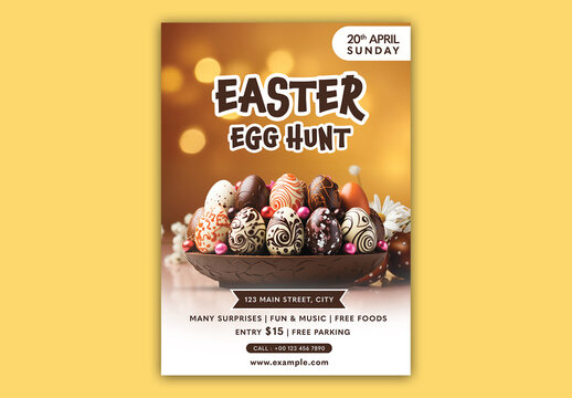 Easter Egg Hunt Theme, Editable Party Flyer with Chocolate Eggs in Bowl.