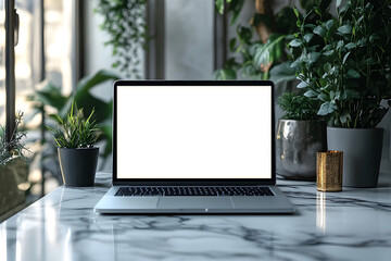 Fototapeta premium Minimalist Laptop Mockup on Marble Desk with Green Plants – Modern Office, Remote Work, Digital Workspace, and Productivity Concept