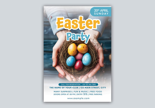 Easter Party Flyer with Colorful Painted Eggs Nest on Human Hands, Editable Design.