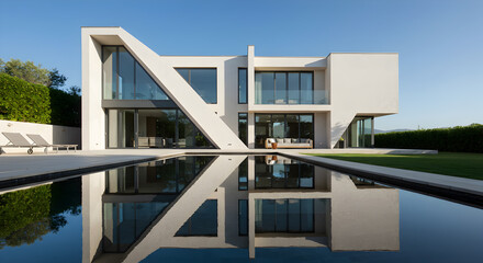 Reflective pool mirroring angular architecture creating stunning home symmetry