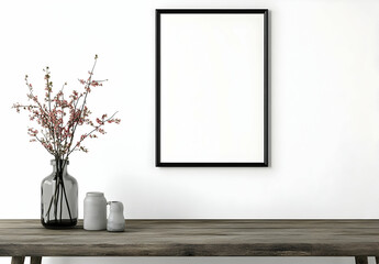 Photo of a black frame mockup hanging on the wall above an empty wooden table with a vase and flower, against a simple white background