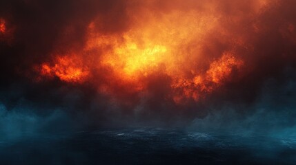 Dramatic Ocean Scene with Fiery Sky and Dark Water Surface