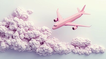 Pink airplane soaring through 3D clouds against a pastel lavender backdrop
