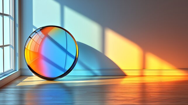 Sunlit minimalist interior with a large, vibrant, colorful glass orb reflecting light.  A metaphor for optimism, new beginnings, or creative potential.