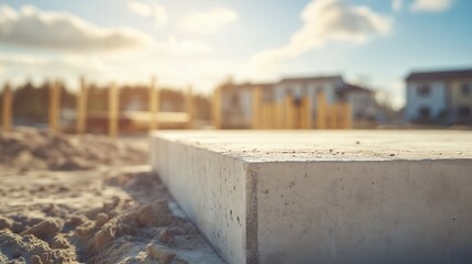 A close-up of a concrete foundation slab on a construction site, with a blurred background of wooden structures and a sunny sky. Building materials, engineering reports, cities