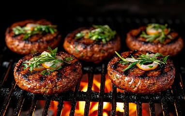 Grilled burgers with BBQ, and summer food.