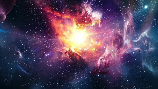 A stunning cosmic explosion lights up the dark expanse of space, revealing colorful gas clouds and brilliant stellar formations in a mesmerizing display of cosmic energy.