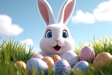 Easter Bunny, Eggs, Grass, Sky