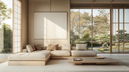 Modern Japanese-style living room with natural light.  Relaxing, minimalist design.  Warm, neutral tones