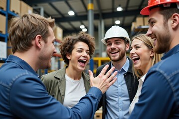A Diverse Group of Young Adults Engaged in Lively Conversation in a Warehouse Setting, Including Two Males and Three Females with Varied Hairstyles and Safety Gear