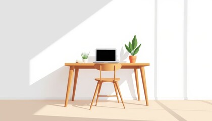 Modern minimalist workspace with laptop and plants, calm ambiance