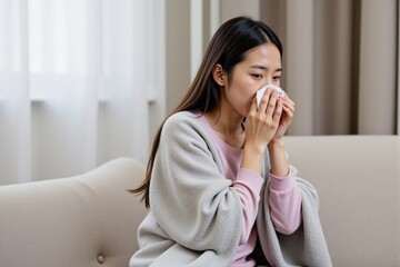 A young Asian woman with long hair sits on a beige couch, holding a tissue to her face, looking pensive and emotional in a softly lit room with neutral tones.