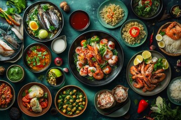 A vibrant collage of Thai dishes with fresh vegetables, shrimp, and marine life, served in small bowls on a table.