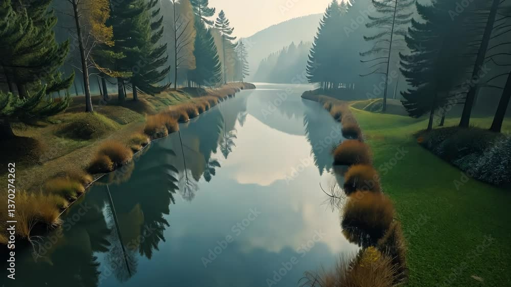 Poster a river with trees on both sides. the water is calm and clear. the trees are tall and green