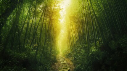 Naklejka premium Sunlit Path Through Lush Bamboo Forest