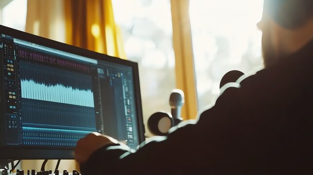 A person sits in front of a computer monitor displaying audio editing software.
