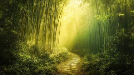 Naklejka premium Sunlit Bamboo Forest Path