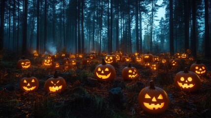 Enchanted Halloween Forest: Jack-o'-lanterns illuminate a mystical night in the woods